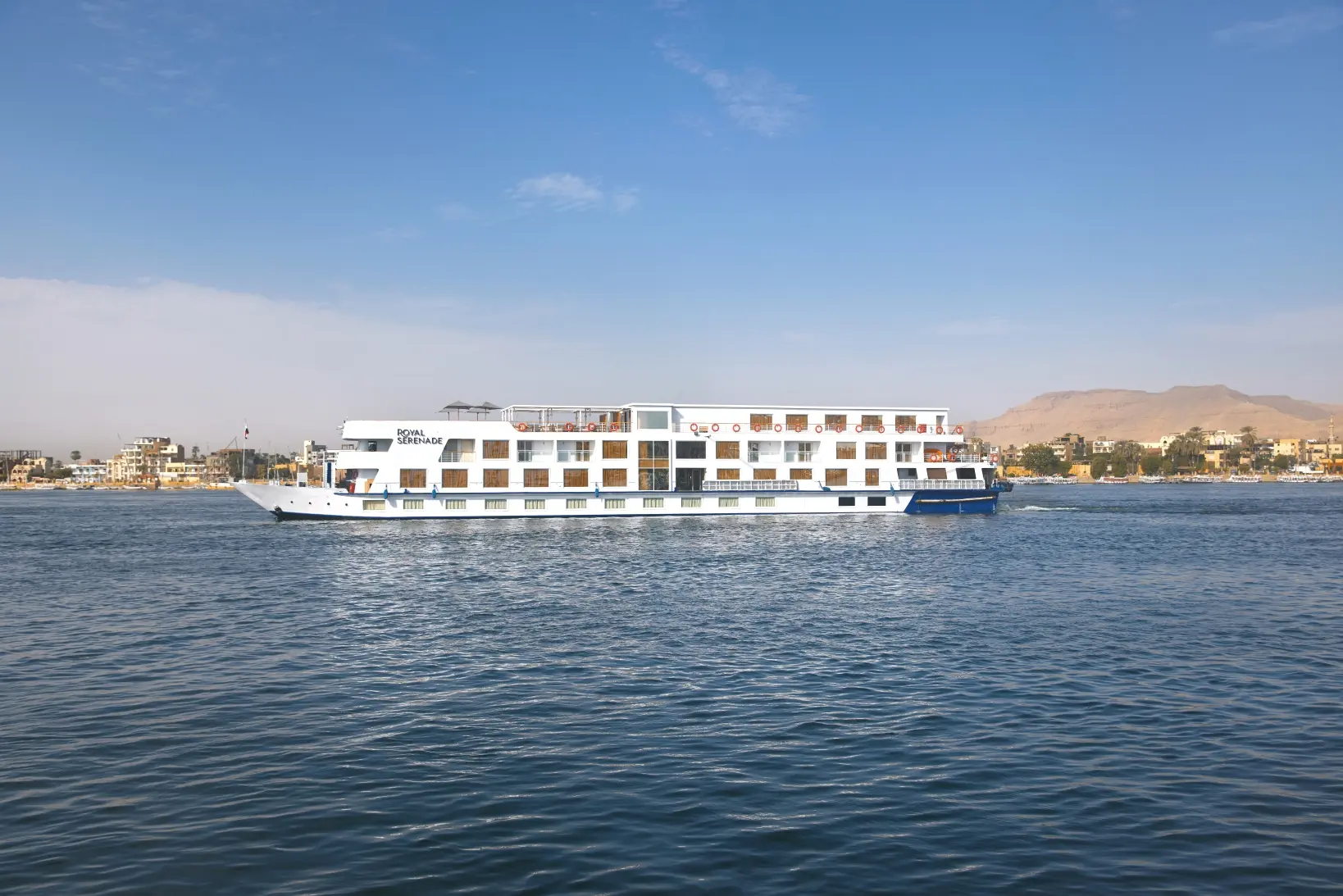 Royal Serenade distinguished luxury Nile cruise ship profile at sunset