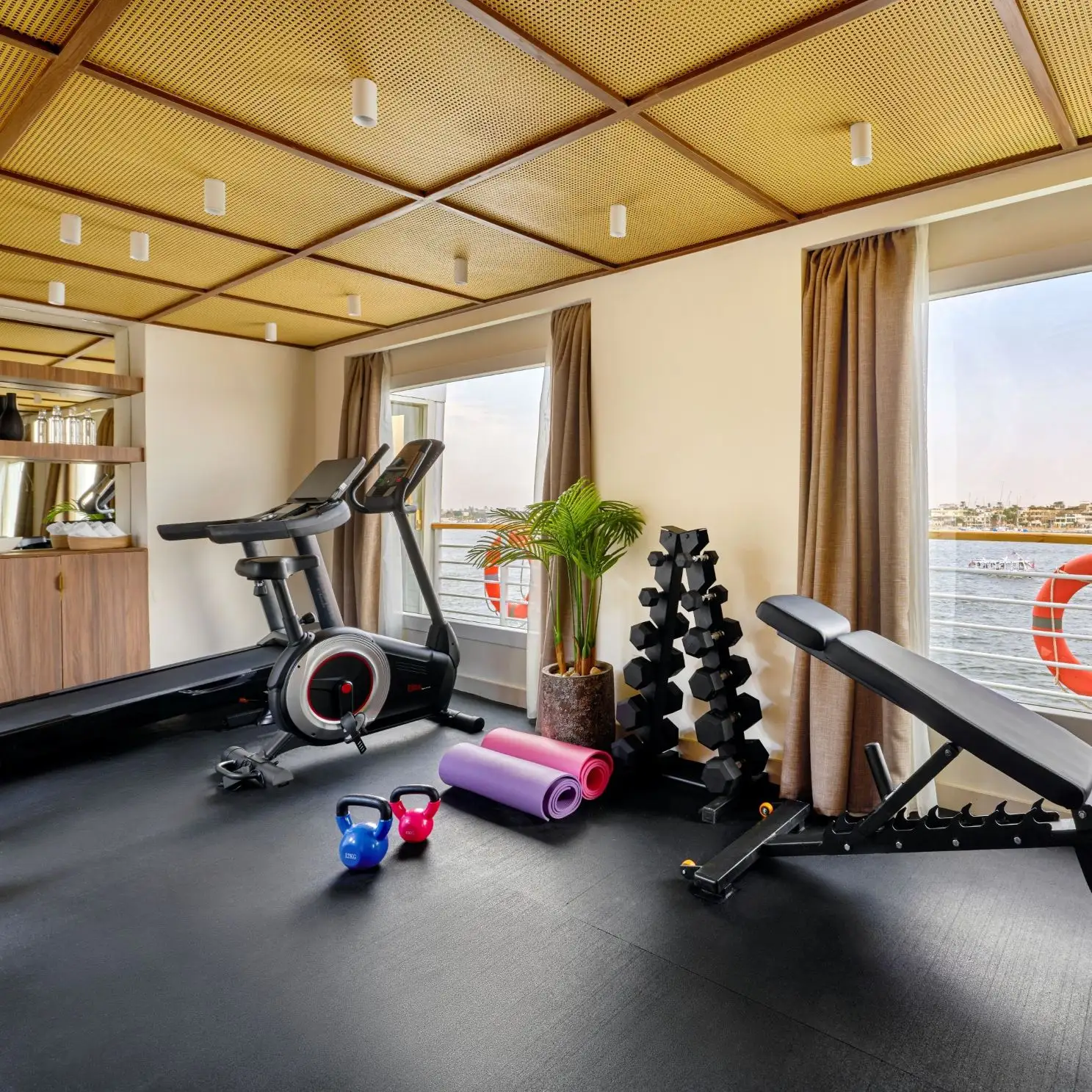 Fitness center with Nile views on a luxury Nile cruise